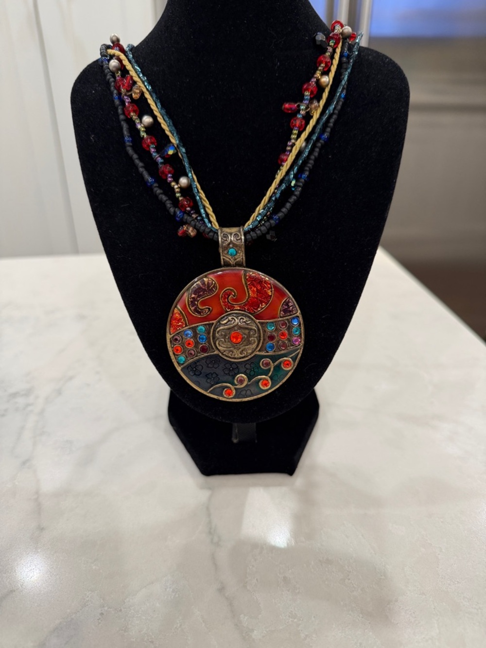 Chico's Multistrand Red, Turquoise & Navy Medallion Necklace